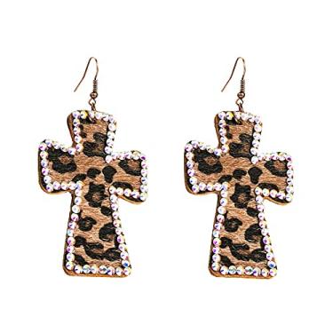 Imagem de Brincos com pingente de cruz de couro vintage para mulheres meninas estampa de leopardo AB cristal declaração gota gancho pendurado brinco boho leve joias exageradas, Metal, Zircônia cúbica