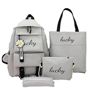 Imagem de 4 peças/conjunto mochila universitária bolsa casual de grande capacidade mochila de viagem para computador com estojo, bolsa, bolsa de moedas, cinza, 42 x 30 cm