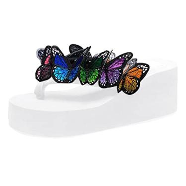 Imagem de Sandálias femininas de borboleta, floral, anabela, chinelos, sapatos de praia, sapatos de praia, salto alto, Branco, 6.5