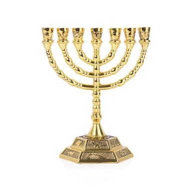 Imagem de BRTAGG Menorah 7 velas, 12 tribos de Israel menorá, castiçal judaico do templo de Jerusalém (13cm de altura, ouro)