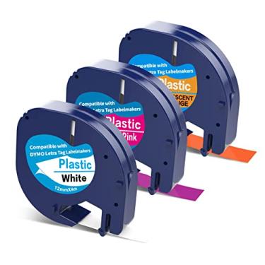 Imagem de 3 reffils fluorescentes de substituição para DYMO Label Maker Reffils 2 mm x 4 m compatível com Dymo Letratag Refil Letra Tag LT100T LT100H QX50 etiquetadoras