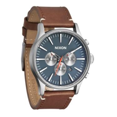 Imagem de NIXON Sentry Chrono Leather A1391 - Lt Gunmetal/Basalt/Sienna - Relógio analógico masculino com cronógrafo analógico resistente à água de 100 m (mostrador do relógio de 42 mm, pulseira de couro de 23
