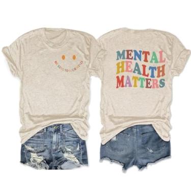 Imagem de Camiseta feminina Mental Health Matters Be Kind to Your Mind Inspirational Shirt Letter Print Graphic Tops, Bege, P