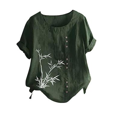 Imagem de Camiseta feminina de linho, gola redonda, manga curta, estampada, folgada, casual, túnica, camisa de verão, GN2, G