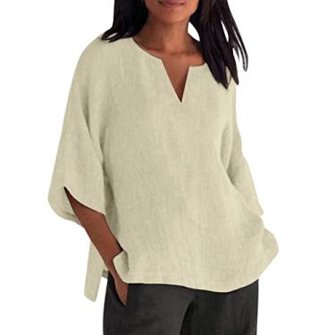 Imagem de Lainuyoah Blusas soltas da moda para mulheres 2024 blusa moderna estampada meia manga casual de linho pulôver camisetas modernas divididas, A cáqui, 3G