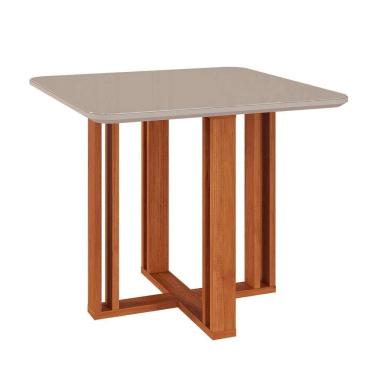 Imagem de mesa de jantar quadrada com tampo de vidro flora cinamomo e off white 95 cm