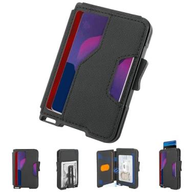 Imagem de Carteira masculina fina com clipe de dinheiro tizmuo, estojo para cartão pop-up, carteiras duplas com bloqueio de RFID, compartimentos de couro minimalistas, porta-cartão de crédito, Preto lavado em