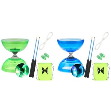 Imagem de SENRISE Soft Rubber Yoyo Set, with 1 Pc Diabolo, 1 Pc Spare 10m Rope, 2 Pcs Professional Poles, 1 Pc Net Bag, Flashing Triple Bearing Diabolo, for Beginners, Experienced Players (Blue & Green)
