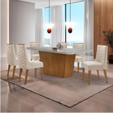 Imagem de Mesa para Sala de Jantar Aida 180cm MDF Canto Copo com Vidro e 6 Cadeiras Safira - Veludo Creme/Off White/Imbuia