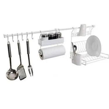 Imagem de Kit Cozinha Escorredor Louça Suspenso Porta Temperos Branco - metaltru