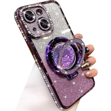 Imagem de Changjia Capa com suporte de glitter para iPhone 14, luxuosa, brilhante, diamante, strass, com protetor de lente de câmera, anel de fluxo líquido, suporte de TPU (poliuretano termoplástico), fina,