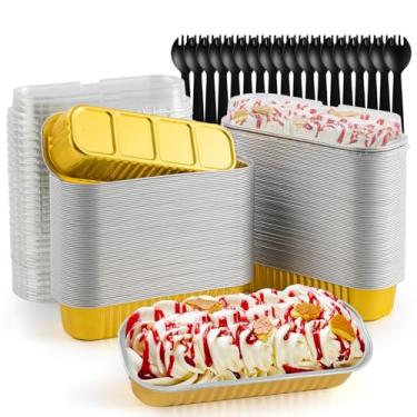 Imagem de FFNIU Mini formas de pão com tampas e colheres, assadeiras de folha de alumínio, mini formas de bolo retangulares, copos de brownie para festa de piqueniques (ouro)