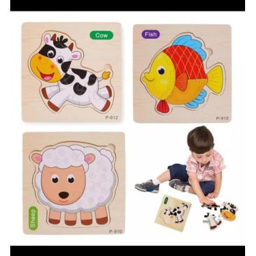 Imagem de Kit 3 Quebra Cabeça Infantil Pedagógico Educativo Madeira Animais Bebê