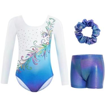 Imagem de Gogokids Collant de ginástica para meninas, manga comprida, strass, conjunto de dança infantil com shorts de dança, B-branco/azul, 8-9 Anos