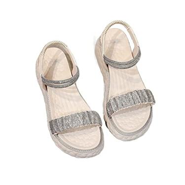 Imagem de Sandálias femininas de salto alto cristal para verão, casuais, esportivas, macias, plataforma, sapatos, chinelos femininos(Beige,36EU)