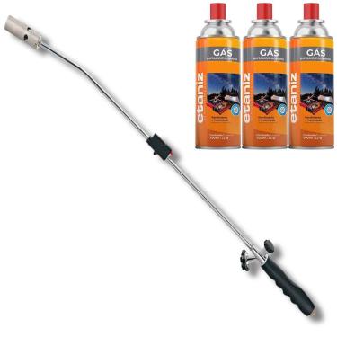 Imagem de Kit Maçarico Longo Cabo Ergonômico 80cm Acendimento Automático Ajuste de Chama Soldagem + 3 Refil Gás Cartucho