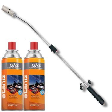 Imagem de Kit Maçarico Longo Cabo Ergonômico 80cm Acendimento Automático Ajuste de Chama Soldagem + 2 Refil Gás Cartucho