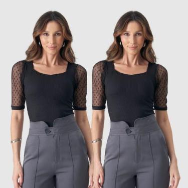 Imagem de Kit 2 Body Canelado Manga Curta Bufante Tule Poa Verão Top - Swisz, Pr