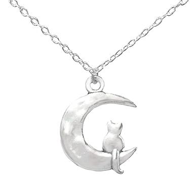 Imagem de Li-Jacobs Colar gato na lua: pingente crescente de prata para amantes de gatos - presente para seu aniversário, Natal, dia das mães, dia dos namorados, one size, Metal, Sem Pedra Preciosa