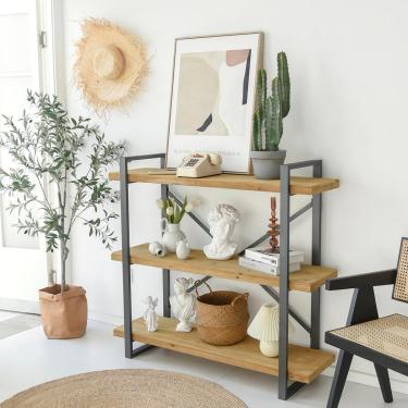 Imagem de Prateleira de 3 camadas, moderna estante de madeira pequena e metal de 3 prateleiras, prateleira de livros abertos, rack de armazenamento baixo e exibir prateleiras de armazenamento para qua