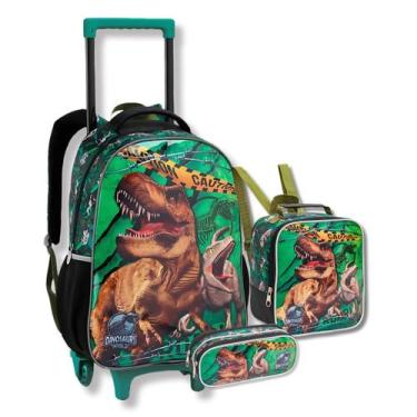 Imagem de Kit Mochila Rodinhas Lancheira Estojo Menino Dinossauro Kids - Seanite