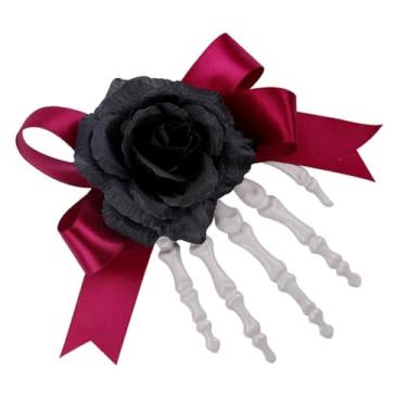Imagem de Beaupretty Clipes de Cabelo de Halloween: Prendedores de Cabelo em Forma de Mão Esqueleto com Rosa Preta e Laço - Acessórios de Cabelo Assustadores para Mulheres em Festas de Halloween e