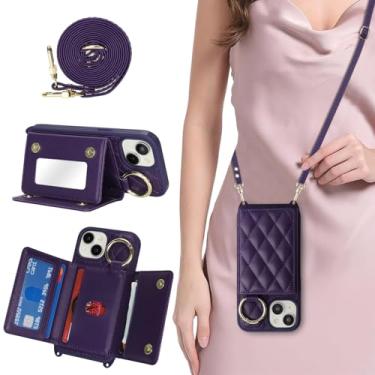 Imagem de DEYHU Capa de telefone para iPhone 13 com suporte de cartão e alça para mulheres, bolsa transversal com suporte de anel, maquiagem espelhada, carteira para bolsa Apple13 - roxo escuro