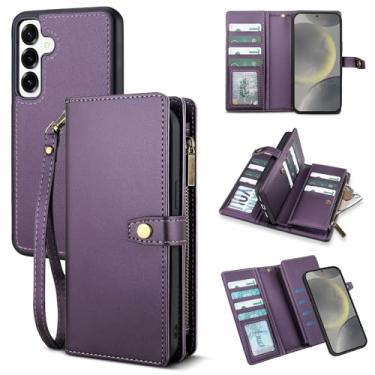 Imagem de TwoHead Capa carteira para Samsung Galaxy S24 com suporte para cartão, capa magnética destacável para Galaxy S24, capa protetora de couro PU à prova de choque com alça de pulso (15,5 cm, roxo escuro)