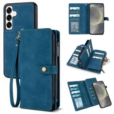 Imagem de TwoHead Capa carteira para Samsung Galaxy S24 com suporte para cartão, capa magnética destacável para Galaxy S24, capa protetora de couro PU à prova de choque com alça de pulso (15,5 cm, azul marinho)