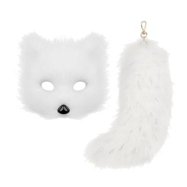 Imagem de LCSVCCXA Conjunto de Máscara E Cauda Therian, Máscara de Gato Cosplay para Mulheres, Meninas, Festa, Meia Máscara Facial, Branco