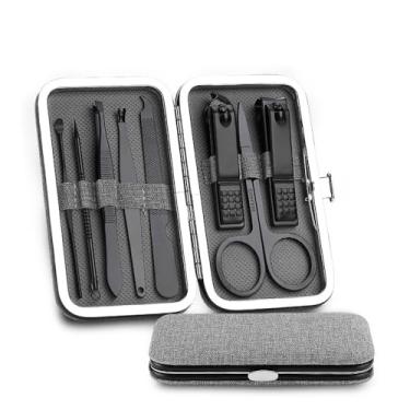Imagem de Kit de higiene para manicure 8 em 1 para viagem - Ferramentas para unhas em aço inoxidável com estojo | Conjunto compacto para aparar, lixar e cuidar de cutículas, cinza