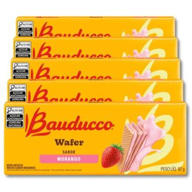 Imagem de Biscoito Wafer Bauducco Morango Kit 5 Pacotes de 92g
