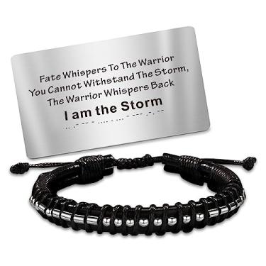 Imagem de TOLOWOBK Presentes Inspiradores Pulseira De Código Morse "I Am The Storm" Para Homens, Couro Preto, Com Carteira, Cartão, Páscoa, Dia Dos Pais, Aniversário, Pai, Marido, Formatura, Ideias Joias