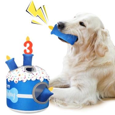 Imagem de Foilswirl Brinquedo de bolo de 3º aniversário para cães, brinquedos de mastigar de pelúcia para festa de aniversário, quebra-cabeça interativo de pelúcia, alívio de estresse para pequeno, médio