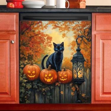 Imagem de Capa de ímã de lava-louças de gato preto de Halloween, jardim de outono, lanterna, lavadora de louça, capas para o painel magnético frontal, ímãs de geladeira para adesivo decorativo de cozinha, 58 cm