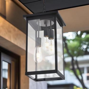 Imagem de Yaohong Luminária pendente grande de 43 cm para ambientes externos, 3 luzes, preto fosco, lanterna de pendurar com vidro transparente, lustre externo para varanda, pátio, gazebo, entrada