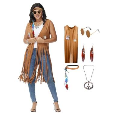 Imagem de SENLI Roupas Hippie dos anos 60 e 70 para mulheres, fantasia de Halloween, colete com franja, acessórios para discoteca dos anos 70 (marrom-2, 2GG)