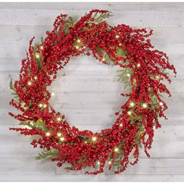 Imagem de Red Co. Guirlanda de Natal iluminada de 76 cm com cranberries vermelhas, luzes LED operadas por bateria com temporizador