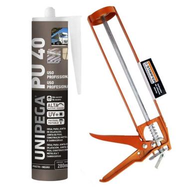 Imagem de Kit Selante PU40 Unipega Preto 400g Vedação + Aplicador de Silicone Construção Profissional Veda Cola