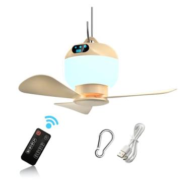 Imagem de Negxi Ventilador de teto de barraca com luz LED, controle remoto, 3 velocidades, temporizador, bateria recarregável de 6000 mAh, ventilador de acampamento portátil com luz para barraca, trailer, uso