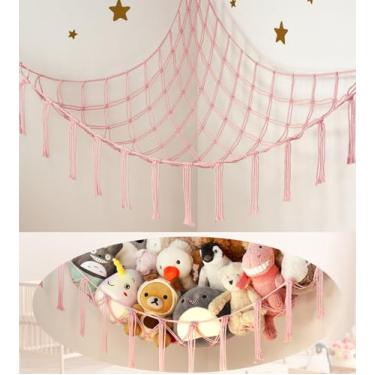 Imagem de Rede de canto grande para armazenamento de bichos de pelúcia - decoração de quarto rosa para meninas adolescentes - organizador de brinquedos para pendurar objetos fofos - decoração de quarto de bebê
