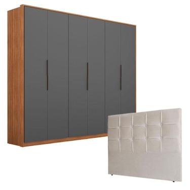 Imagem de Guarda Roupa Atrice 6 Portas Amêndola Grafito Com Cabeceira Luiza 140 Cm Marfim