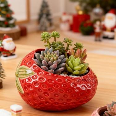 Imagem de Zaposcca Vaso de cerâmica de morango - Vaso de suculentas vermelho fofo - perfeito para plantas pequenas de interior e presente de decoração de casa
