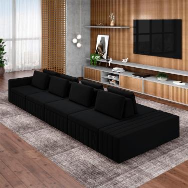 Imagem de Sofá Ilha com Encosto e Almofadas Móveis Olimpo 465cm Modulado Veludo Preto G45 - Gran Belo