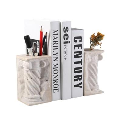 Imagem de Coluna romana termina em livro decorativo, 4 em 1 suporte de mármore resistente para prateleiras, porta-canetas e mini vaso de flores, estátua grega clássica para decoração de mesa de escritório e