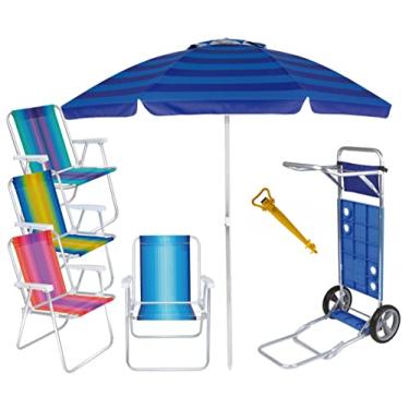 Imagem de Kit Praia Carrinho Com Avanço + 4 Cadeira Alumínio Alta + Guarda Sol 2m + Saca Areia - Mor - Sortido