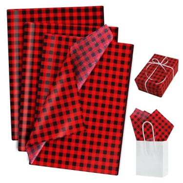 Imagem de BEISHIDA Papel de seda de Natal guingão a granel, papel de embrulho xadrez vermelho e preto para sacos de presente, 35 x 50 cm para festa de Natal, artesanato faça você mesmo, decoração de flores de