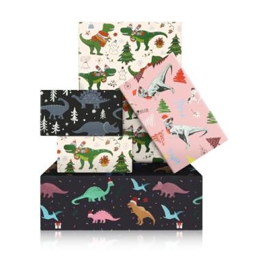 Imagem de Pterossauro voador de dinossauro pré-histórico T-REX usando chapéus de Papai Noel comemorando o Natal, papel de embrulho 8 folhas em 4 desenhos dobrados planos 50 x 71 cm por folha, papel de presente