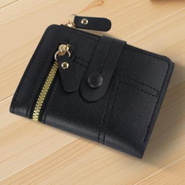 Imagem de Carteira feminina, carteira pequena de poliuretano para mulheres com 4 compartimentos para cartão, um bolso com zíper, porta-cartão de crédito dobrável para compras, Preto, Casual