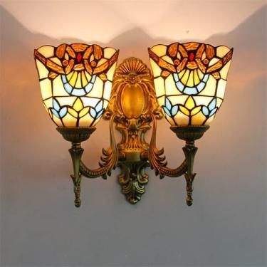 Imagem de Luminária de parede retrô americana em vidro colorido com LED, estilo europeu, luxuosa, para sala de estar, restaurante, quarto, escritório, casa de campo, hotel, café, bar, corredor (F 2 lâ